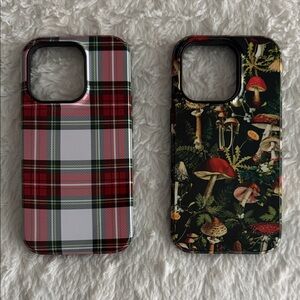 Red Christmas Plaid and Botanical Mushroom iPhone 14 Pro Case Set